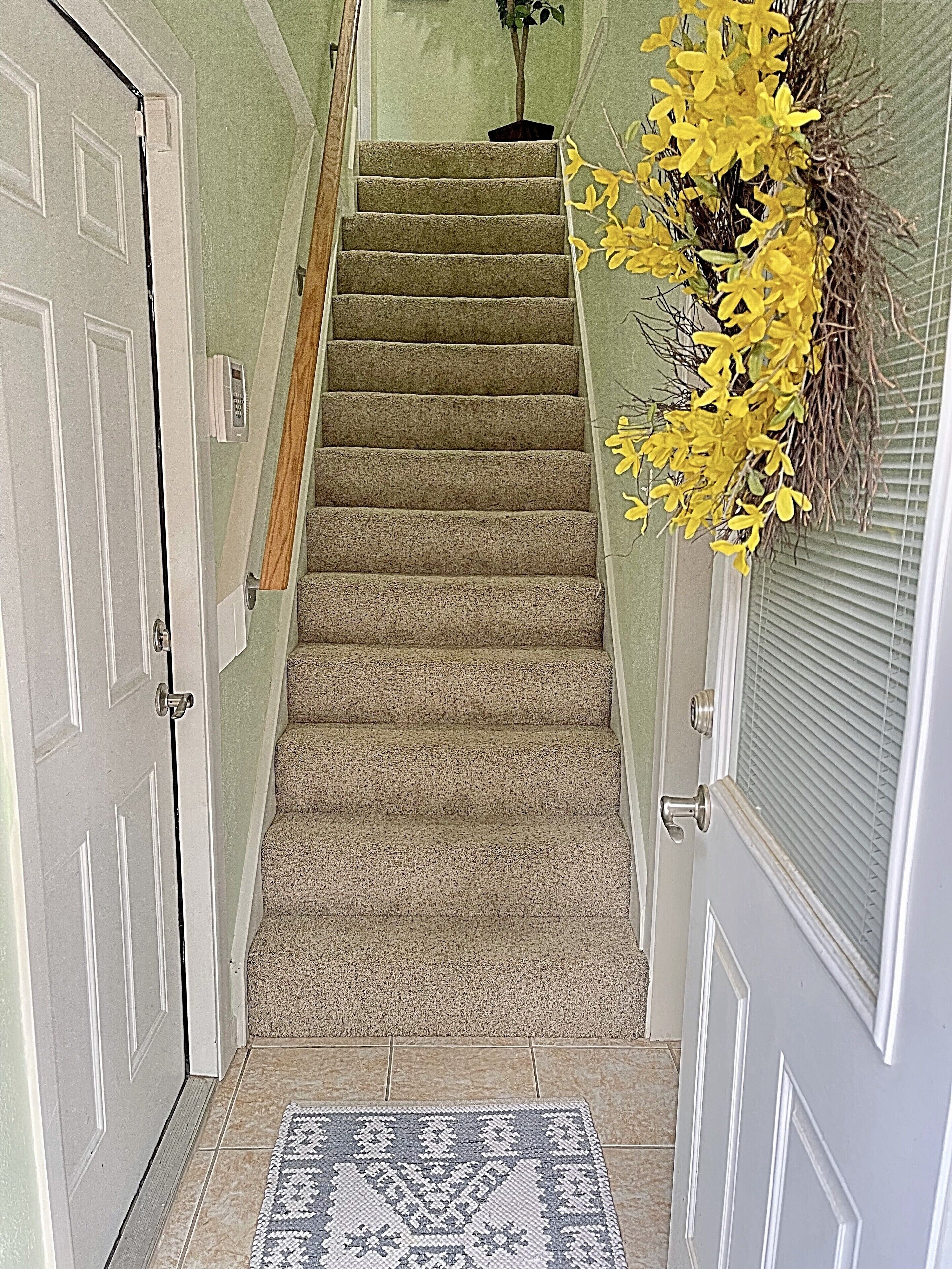 A carpeted staircase with a handrail, a patterned rug at the bottom, and a door on the left.
