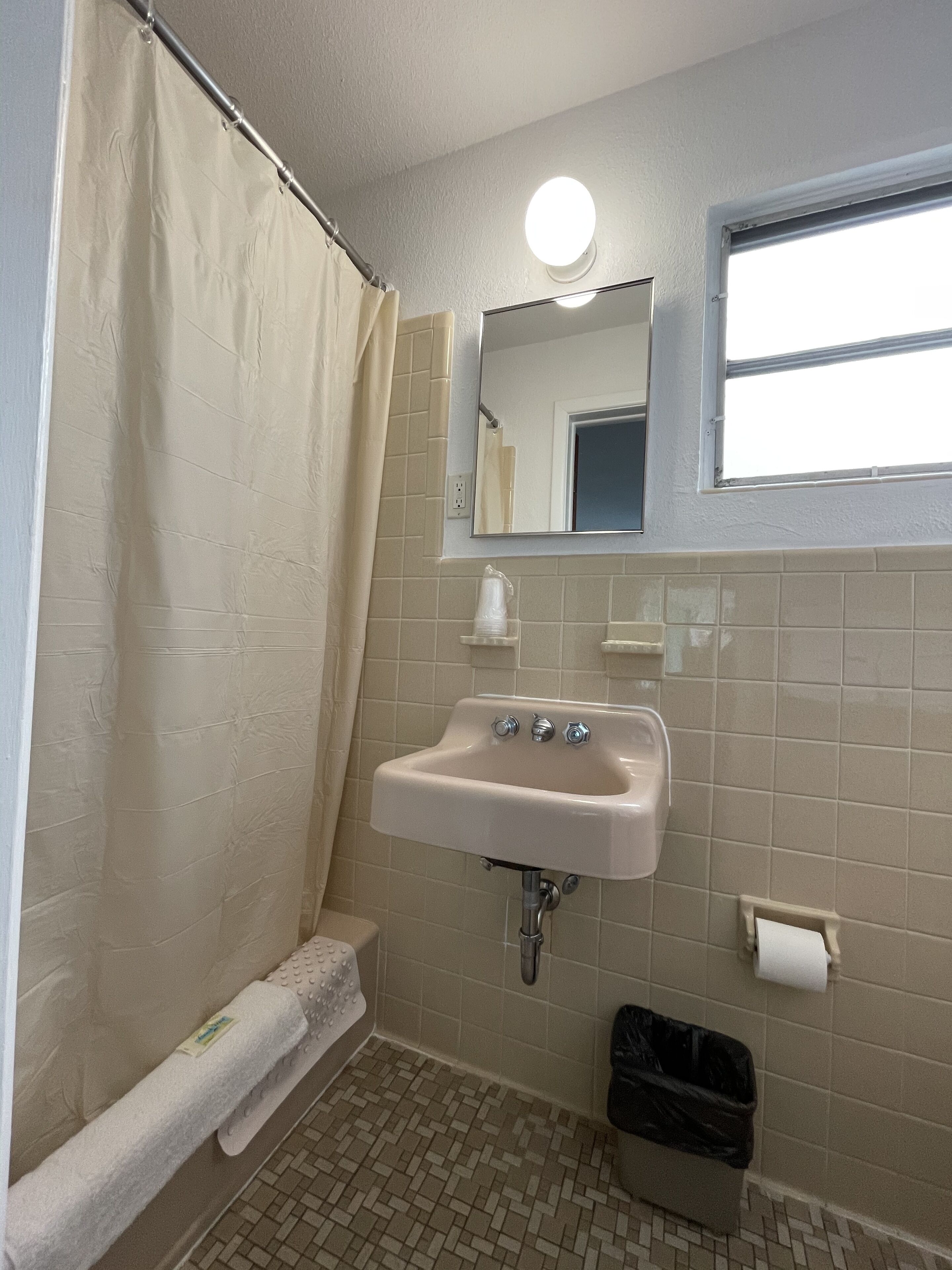 Un baño con lavabo, espejo, cortina de ducha, toallero y un cubo de basura.