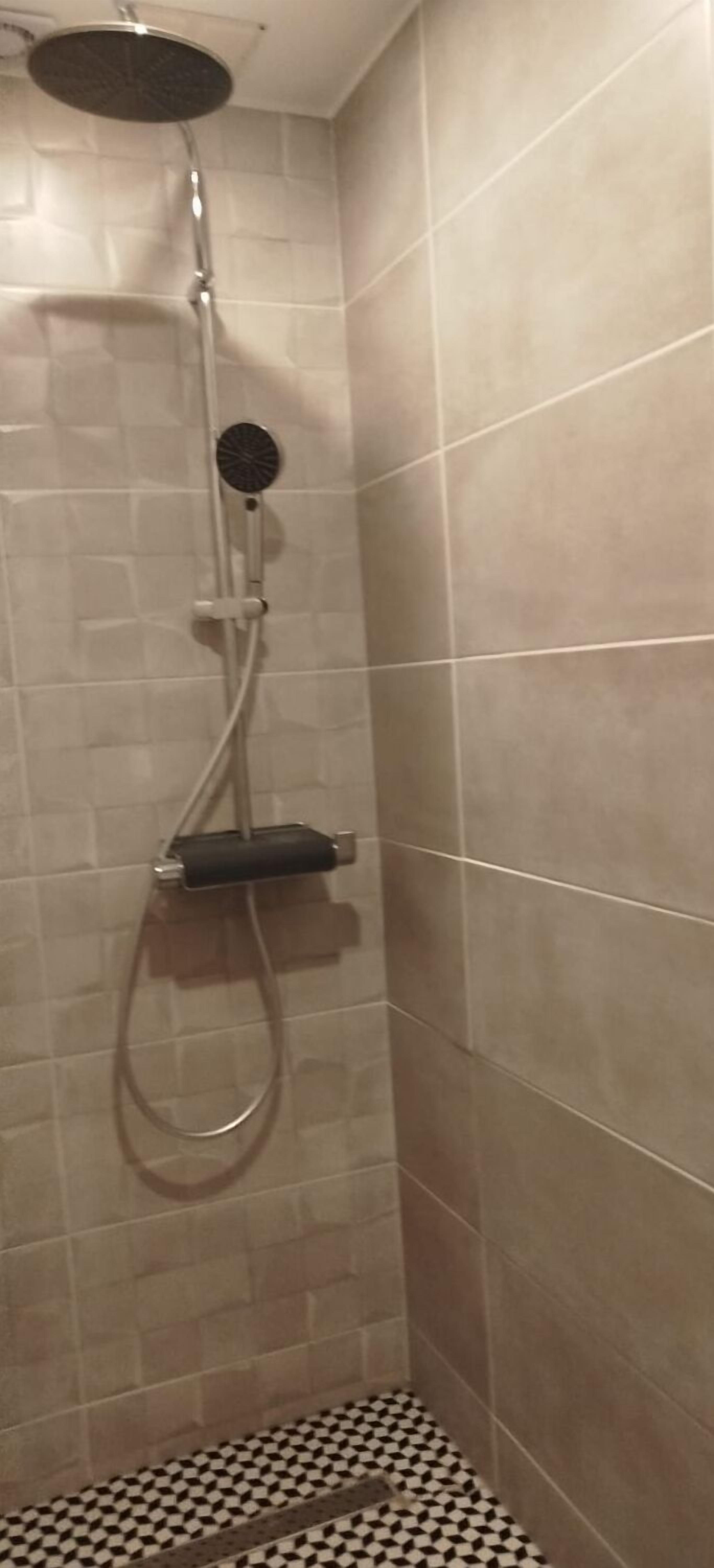 A shower area with a handheld showerhead and a wall-mounted faucet.