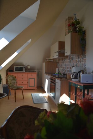 Fridge, microwave, oven, stovetop - Vacation apartment "Fritz" in the Villa Hünlich with a rondel view of Upper Lusatia (Wilthen)