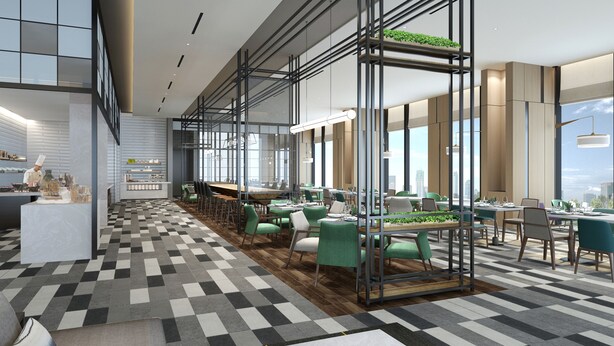 A modern dining area with a checkered floor, green and white chairs, and a central pool table. - Hyatt Place New Taipei City Xinzhuang (New Taipei City)