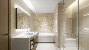 A modern bathroom with a large mirror, two sinks, a bathtub, and a glass-enclosed shower area. - Hyatt Place New Taipei City Xinzhuang (New Taipei City)