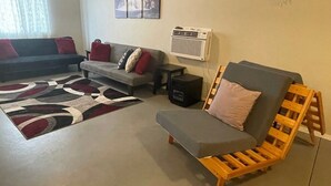 A living room with a grey sofa, a wooden lounge chair, a patterned rug, and a wall-mounted air conditioner. - *Sunland Estates* Cozy quiet home (Quincy)