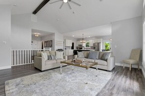 Smart TV, fireplace, foosball