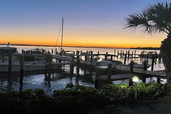 A marina at sunset with docked boats, wooden walkways, and a palm tree. - Riverside D202 - Beautiful views of the river (Marco Island)
