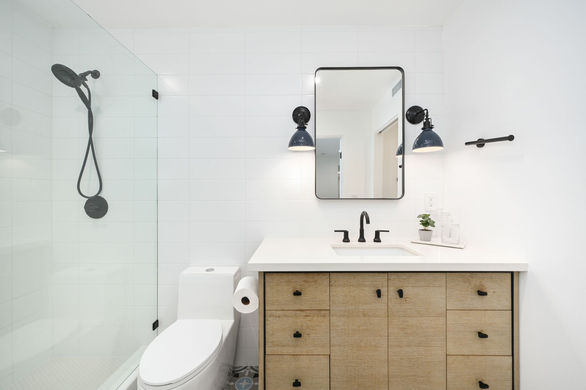 A modern bathroom with a glass shower enclosure, a white toilet, a wooden vanity with drawers, a mirror, and a sink with a small plant on the counter.