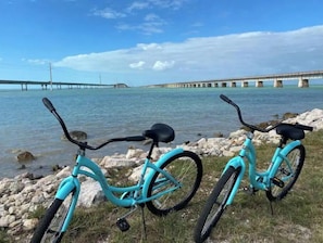 A turquoise bicycle parked by a rocky shore with a bridge in the background. - Catch n' Relax Anglers Ultimate Waterfront Retreat, 50’ Dock, Pool Home Modern (Marathon)