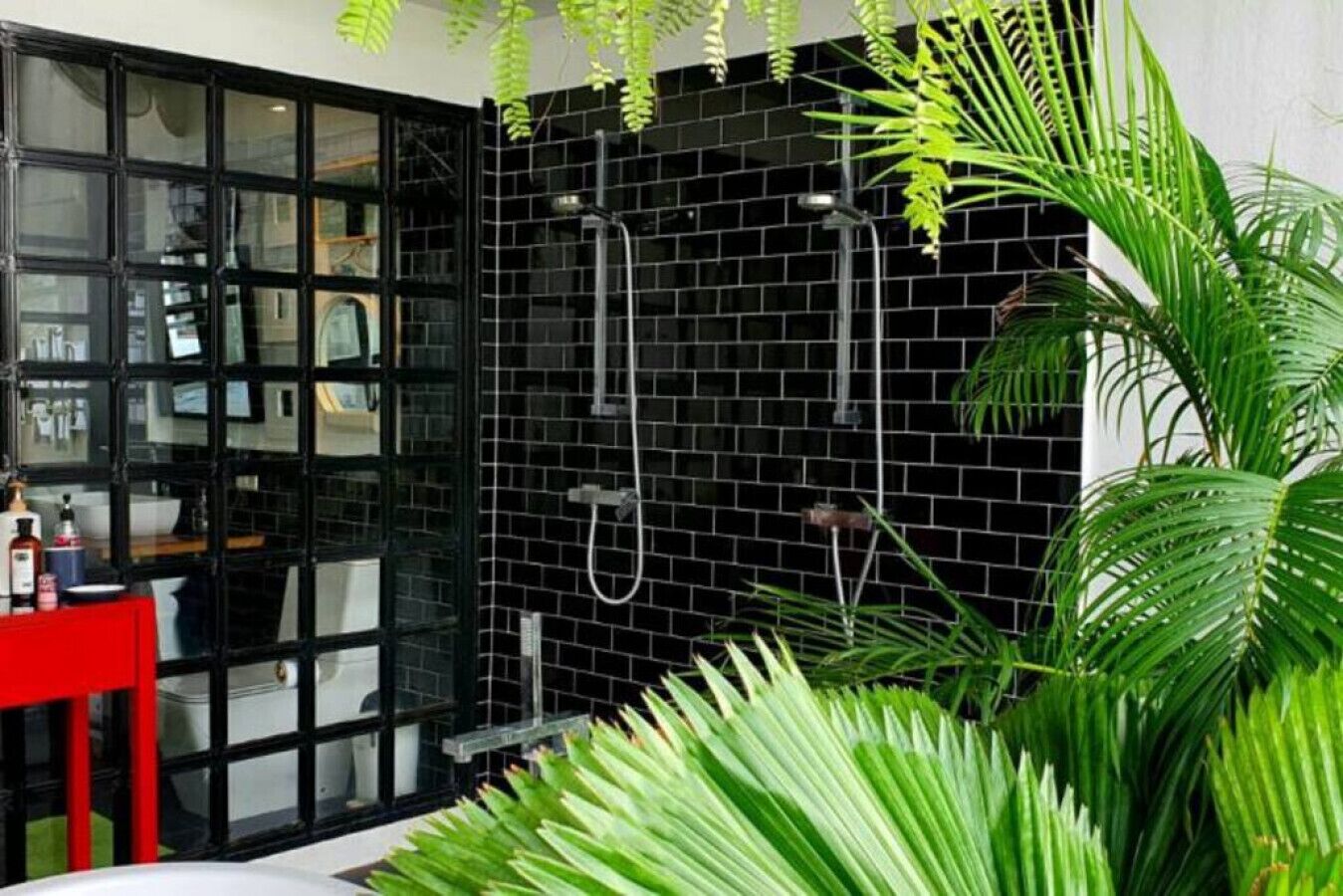 Shower, hair dryer, towels, toilet paper