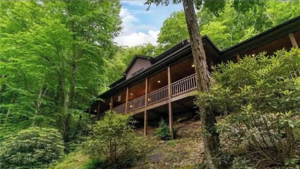 A cabin with a covered deck, surrounded by dense forest.