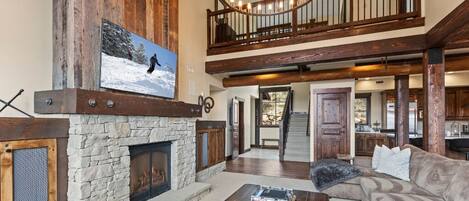 Televisión, chimenea, reproductor de DVD, libros