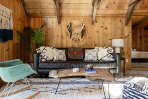 Smart TV, fireplace, books, music library