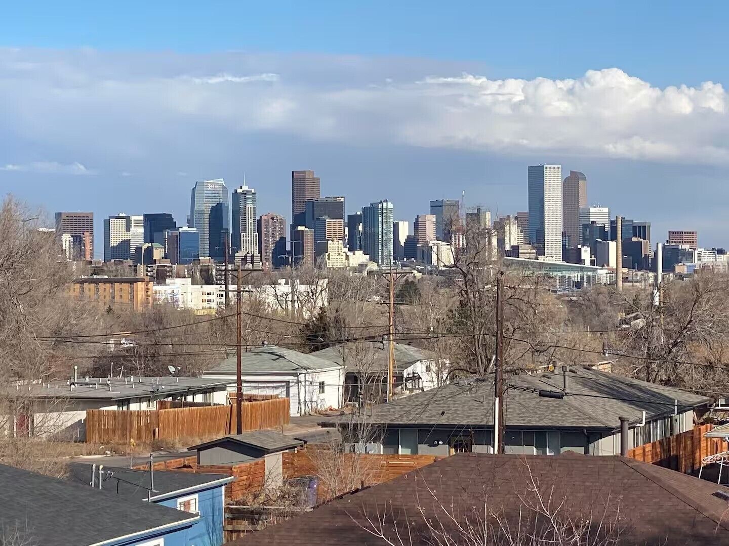 A city skyline with modern high-rise buildings and a residential area with houses and fences in the foreground.