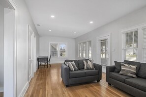 Smart TV, fireplace, foosball, books