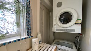 A compact laundry room with a front-loading washing machine, a drying rack, and a bottle of laundry powder. - Bayview house in Oriental Parade  (Wellington)