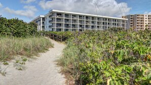 A modern multi-story building with a central courtyard, surrounded by dense vegetation and a sandy path leading to the entrance. - Oceanfront Condo w/ ocean view private balcony, on-site heated pool & hot tub (Cape Canaveral)