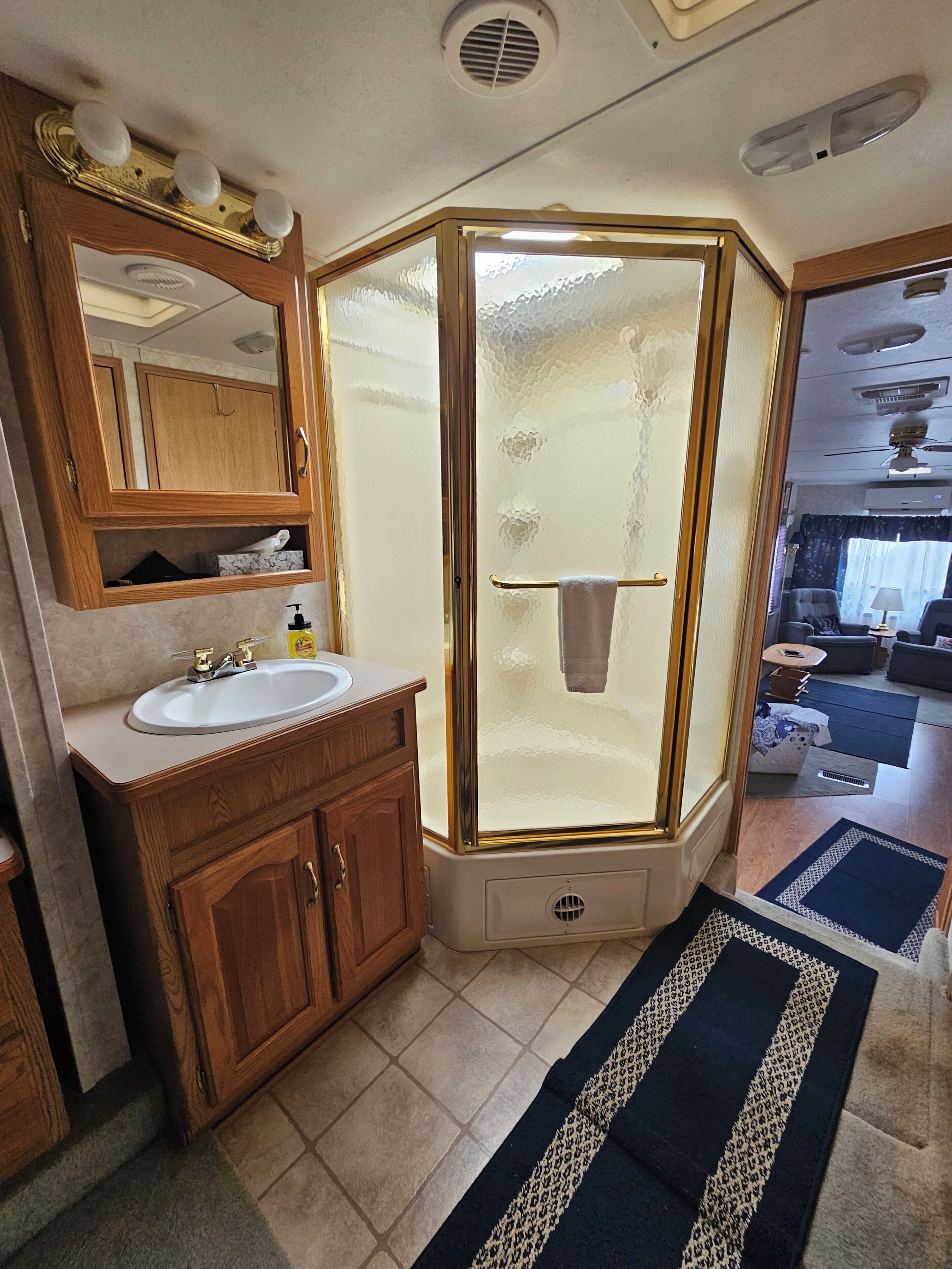 Un bagno compatto con lavandino, mobile lavabo e cabina doccia.