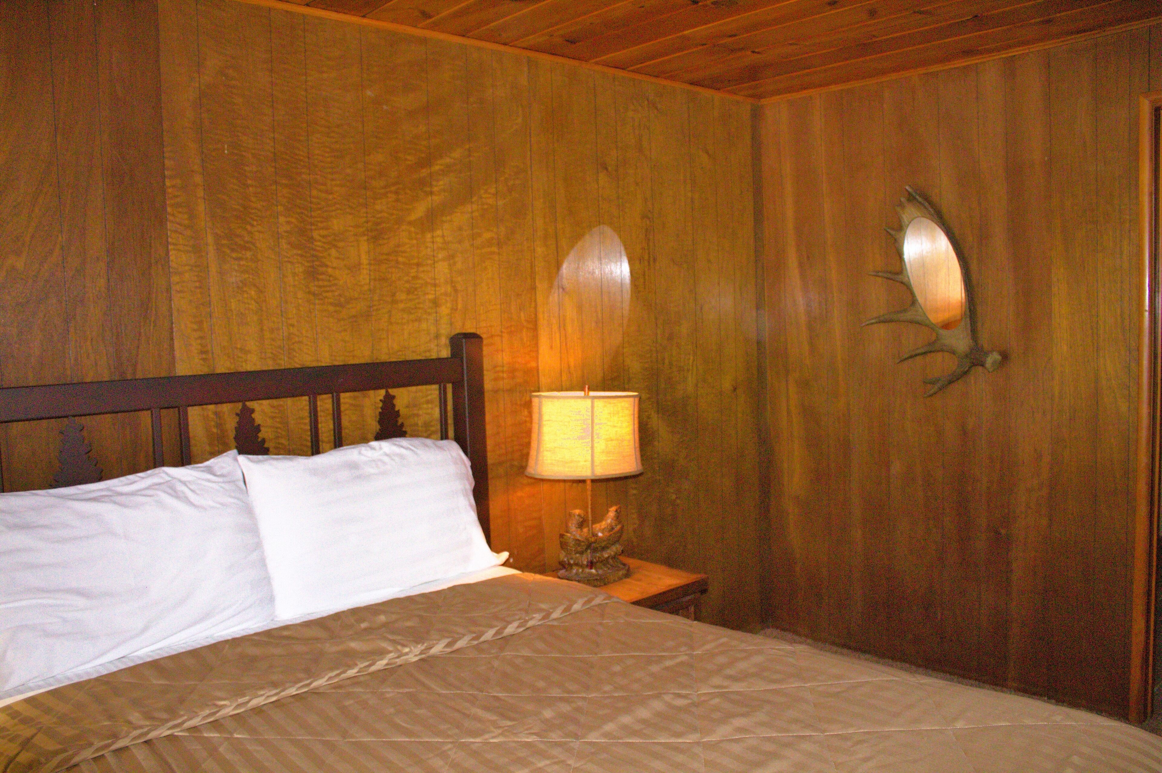 A wooden-paneled room with a bed, a nightstand with a lamp, and a wall-mounted deer head decoration.