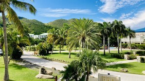A tropical resort with palm trees, a paved walkway, and a mountain backdrop. - One bedroom loft marina Anse Marcel (Cul-de-Sac)