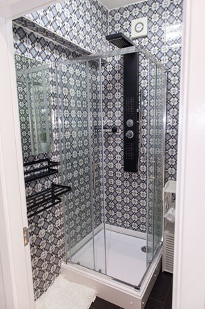 Shower, hair dryer, towels
