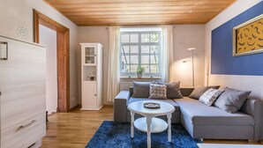 Een gezellige woonkamer met een houten plafond, een grijze bank, een witte salontafel en een blauw vloerkleed.