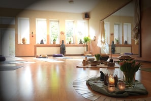 Ein Zimmer mit Holzboden, einem großen Spiegel, Fenstern mit Blick auf Grünflächen sowie verschiedenen Meditations- und Yogamatten.