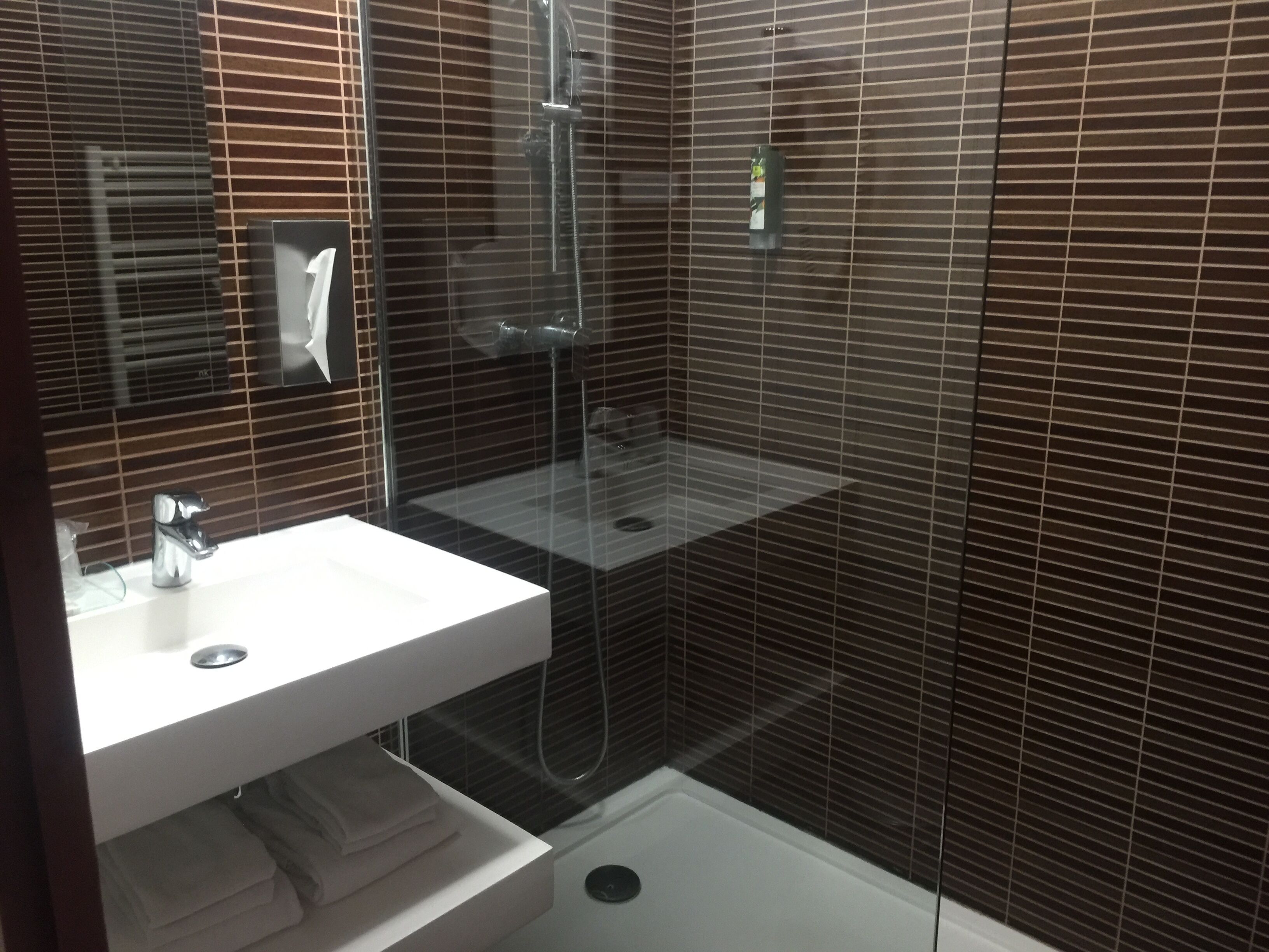 A modern bathroom with a glass-enclosed shower, a white sink, and a built-in toilet.