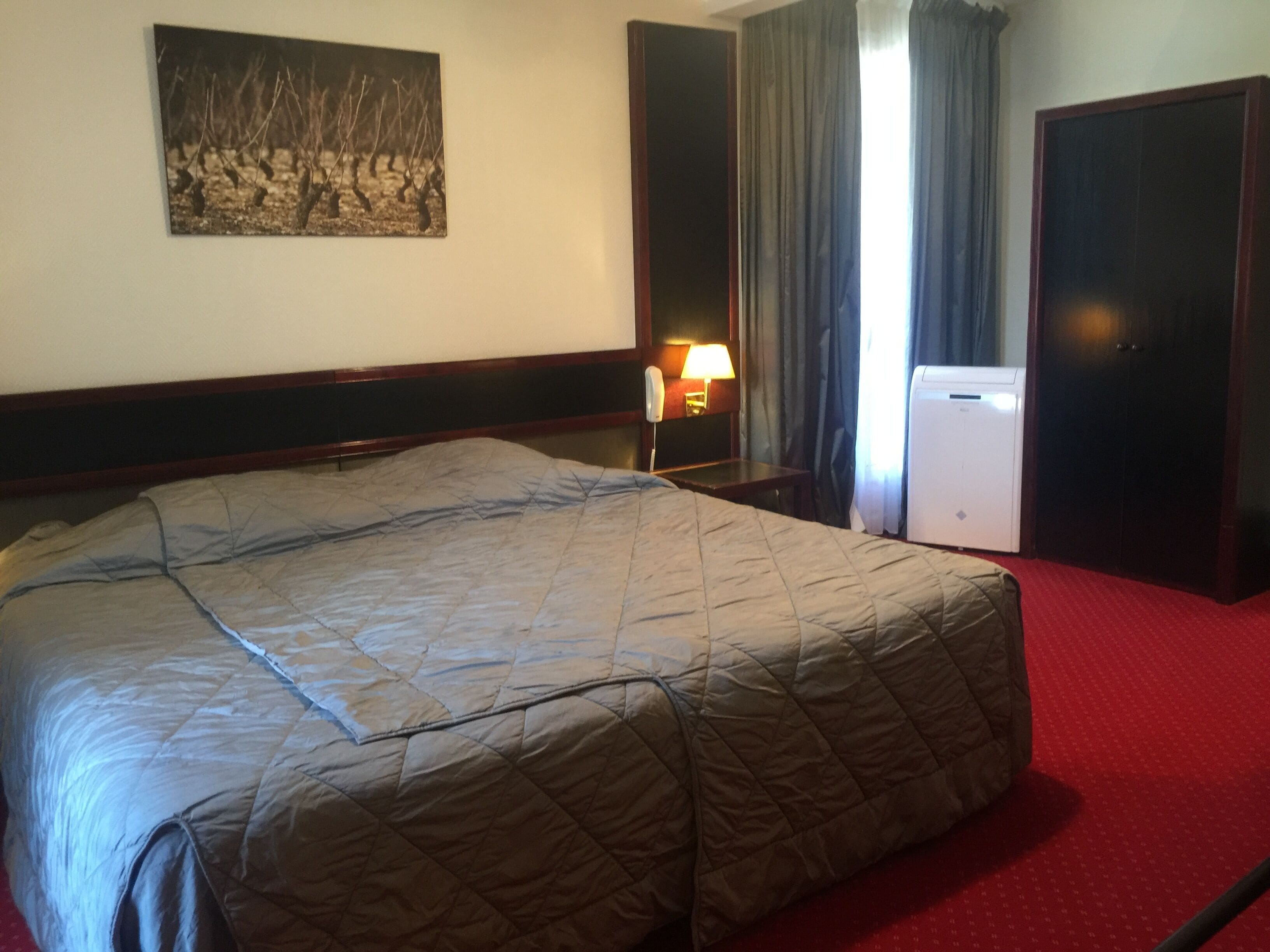 Habitación de hotel con una cama grande, una mesita de noche con lámpara, un refrigerador pequeño y un cuadro en la pared.