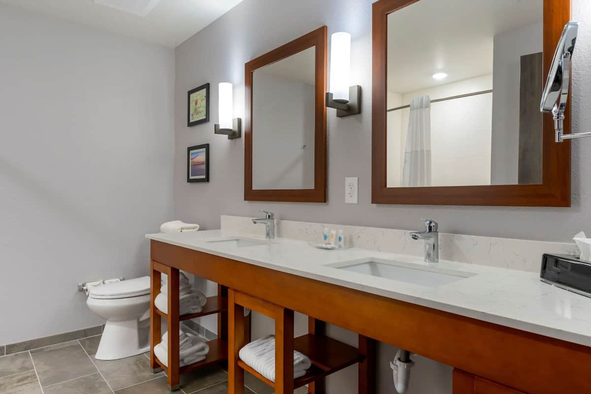 standard room, 2 queen beds, non smoking | bathroom | hair dryer, towels, soap, shampoo