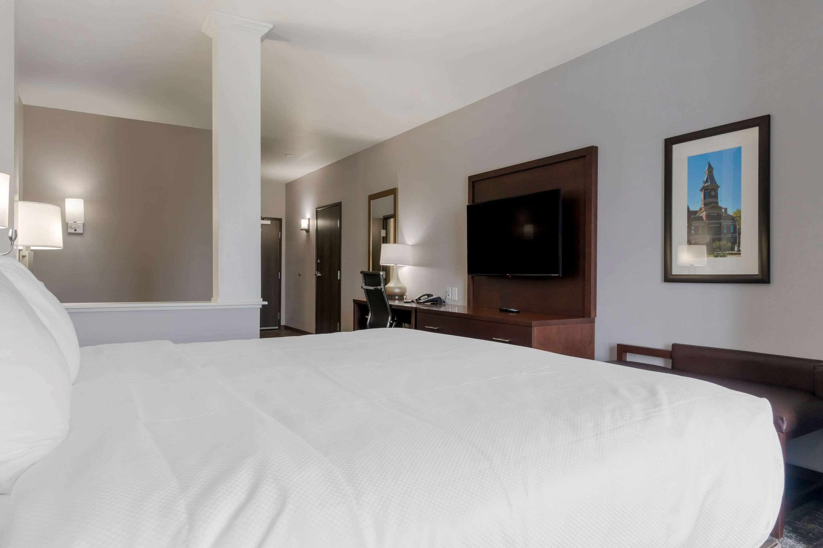 A hotel room with a large bed, a desk, a chair, a TV, and a framed picture on the wall.