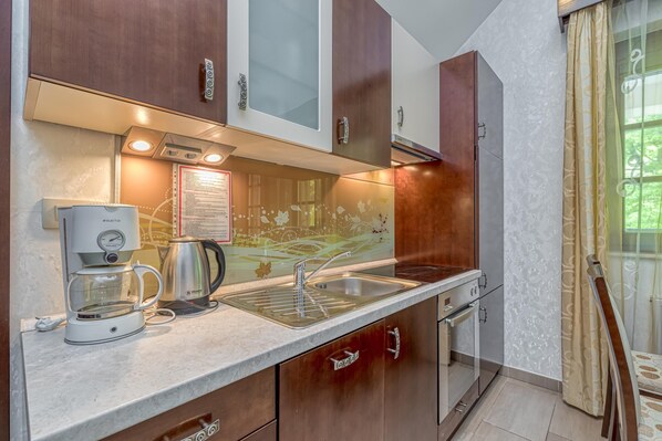 Family Apartment, Multiple Bedrooms, Mountainside (Pool Villa Silva Marija - App 206) | Private kitchen | Fridge, microwave, oven, stovetop - Pool Villa Silva Marija (Brezice)