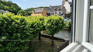 Une vue sur une rivière, avec un pont, une végétation luxuriante et des bâtiments en arrière-plan.