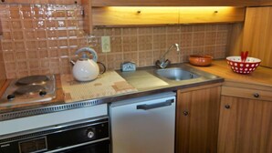 A compact kitchen with wooden cabinets, a stainless steel sink, a kettle, and a small oven. - Alpen Roc by Interhome (Chamonix - Les Praz)