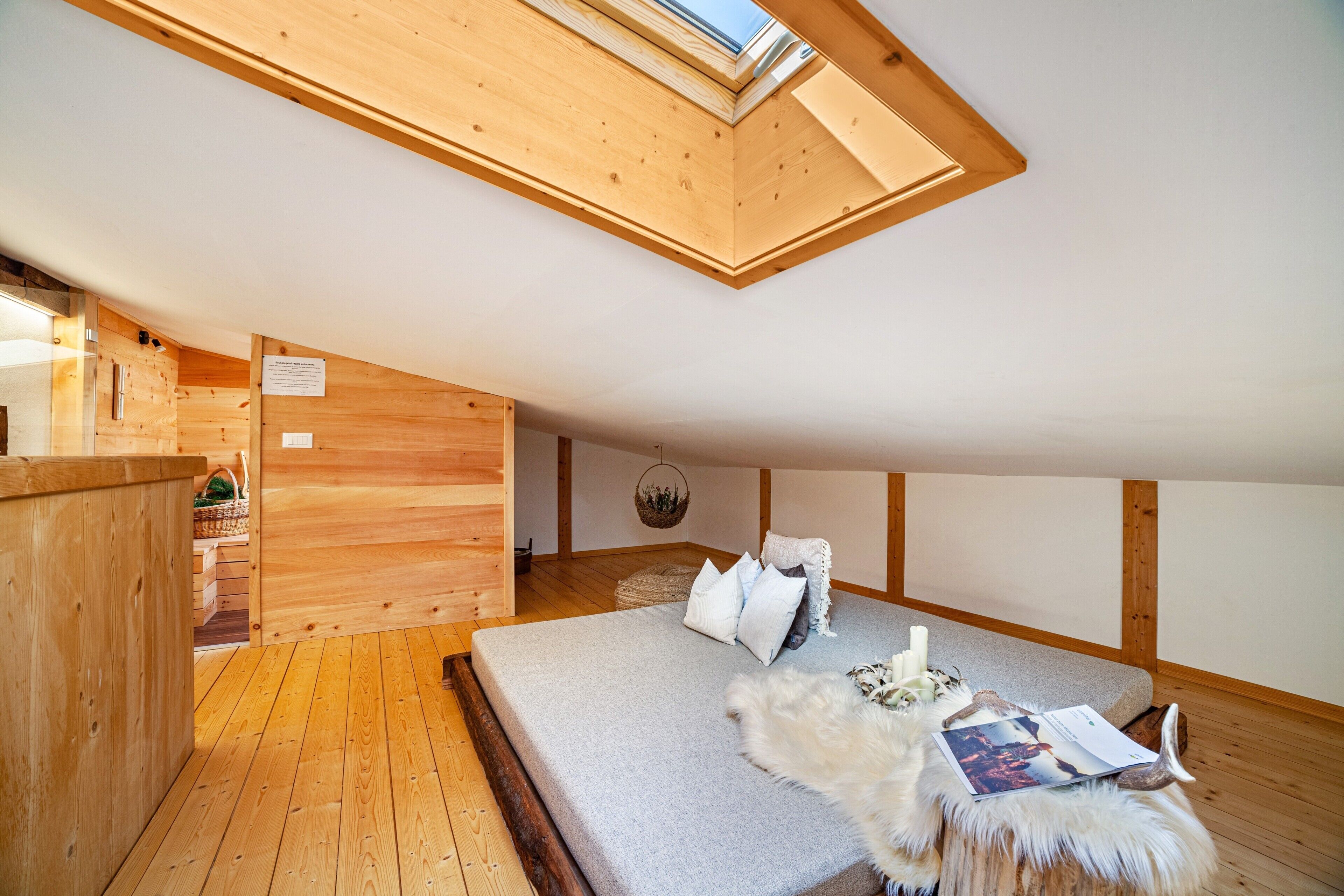 Un interior de madera con una cama, una planta colgante y un tragaluz.