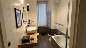 Combined shower/tub, hair dryer, bidet, towels