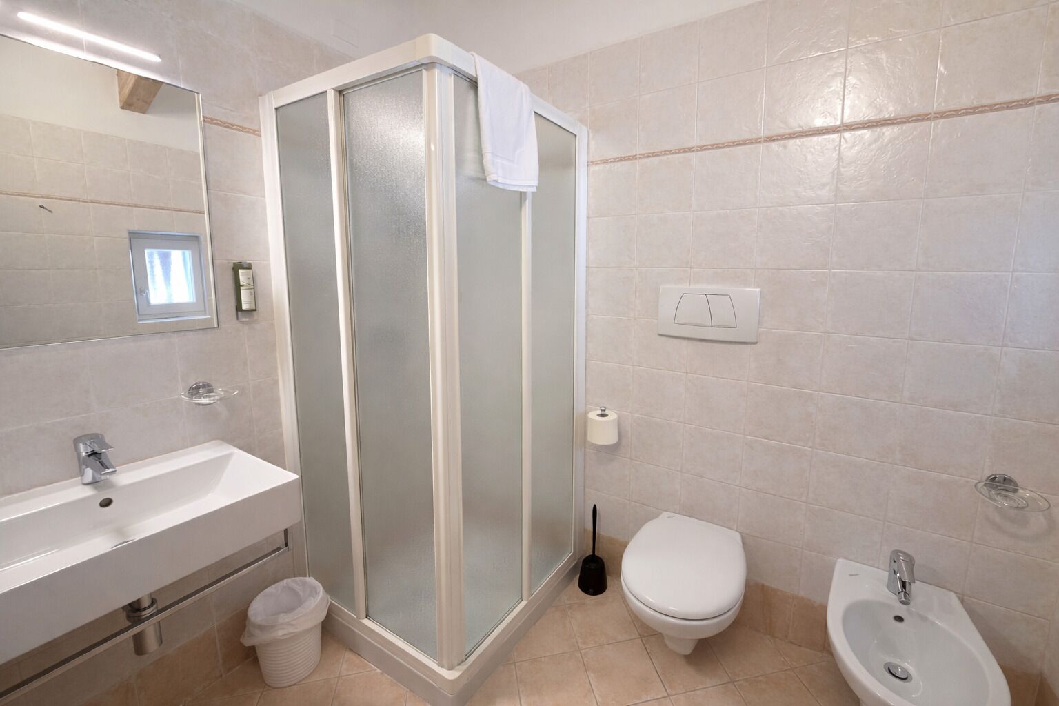 A bathroom with a shower, toilet, bidet, sink, and a mirror.