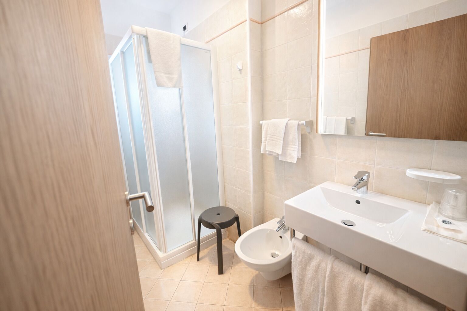 A modern bathroom with a shower, bidet, and a large sink.