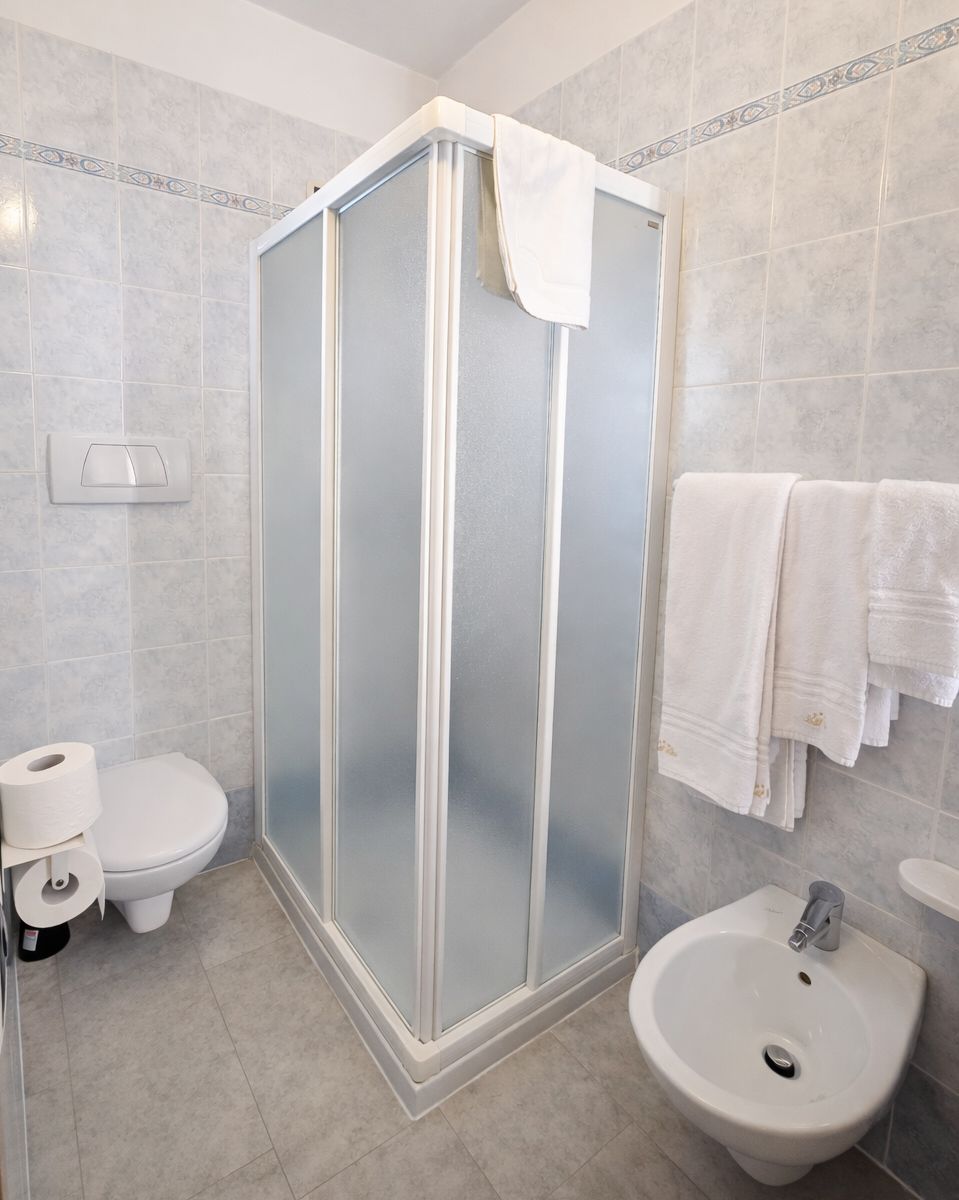 Een badkamer met douchecabine, toilet, bidet en handdoeken.