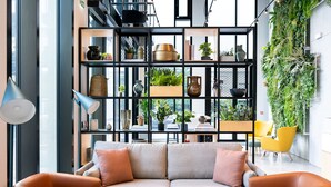 A modern living room with a sofa, armchairs, and a coffee table. There is a bookshelf with various decorative items and plants.