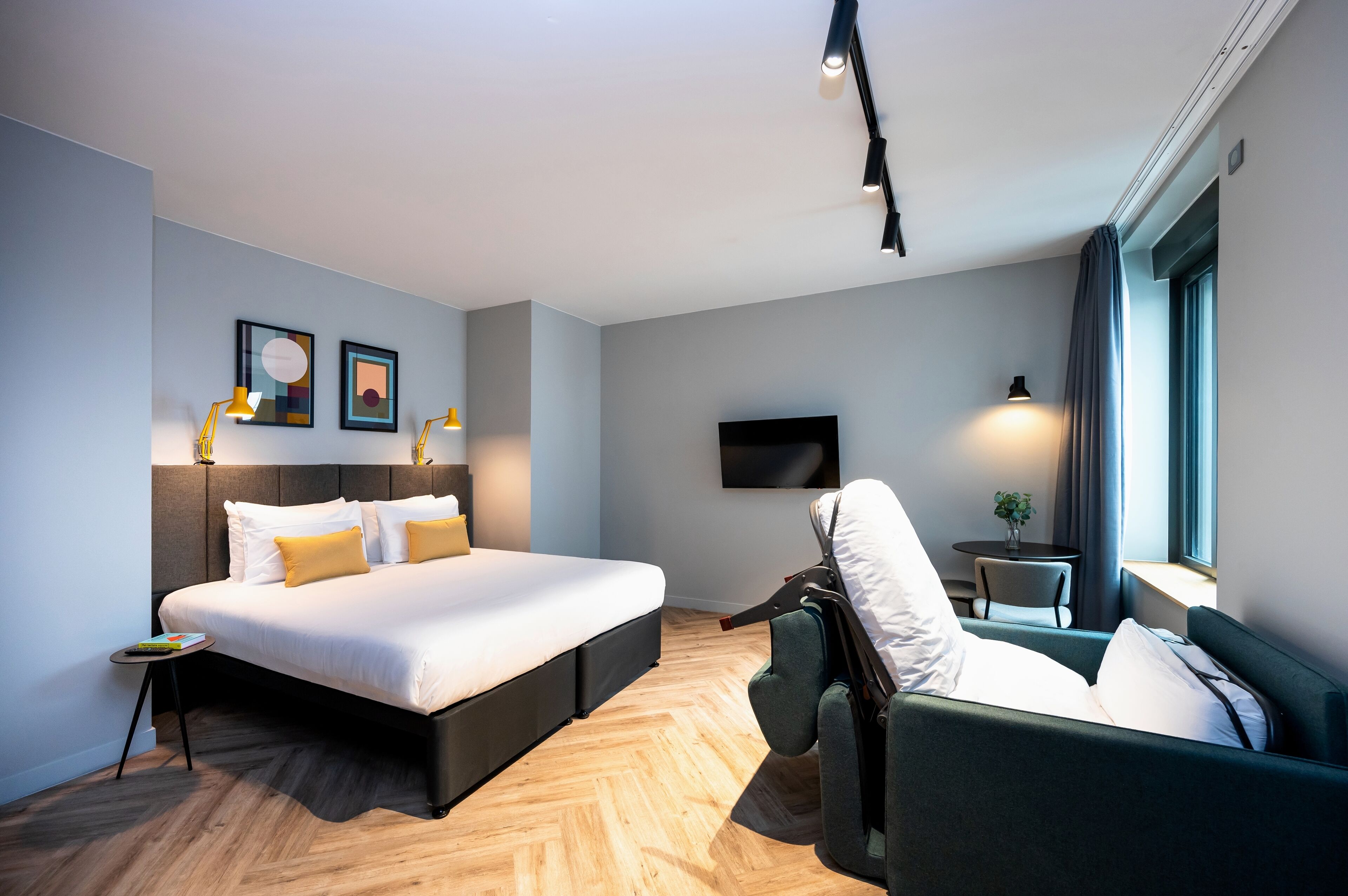 Une chambre d’hôtel moderne équipée d’un lit, d’un canapé, d’une télévision et d’une petite table agrémentée d’une plante.