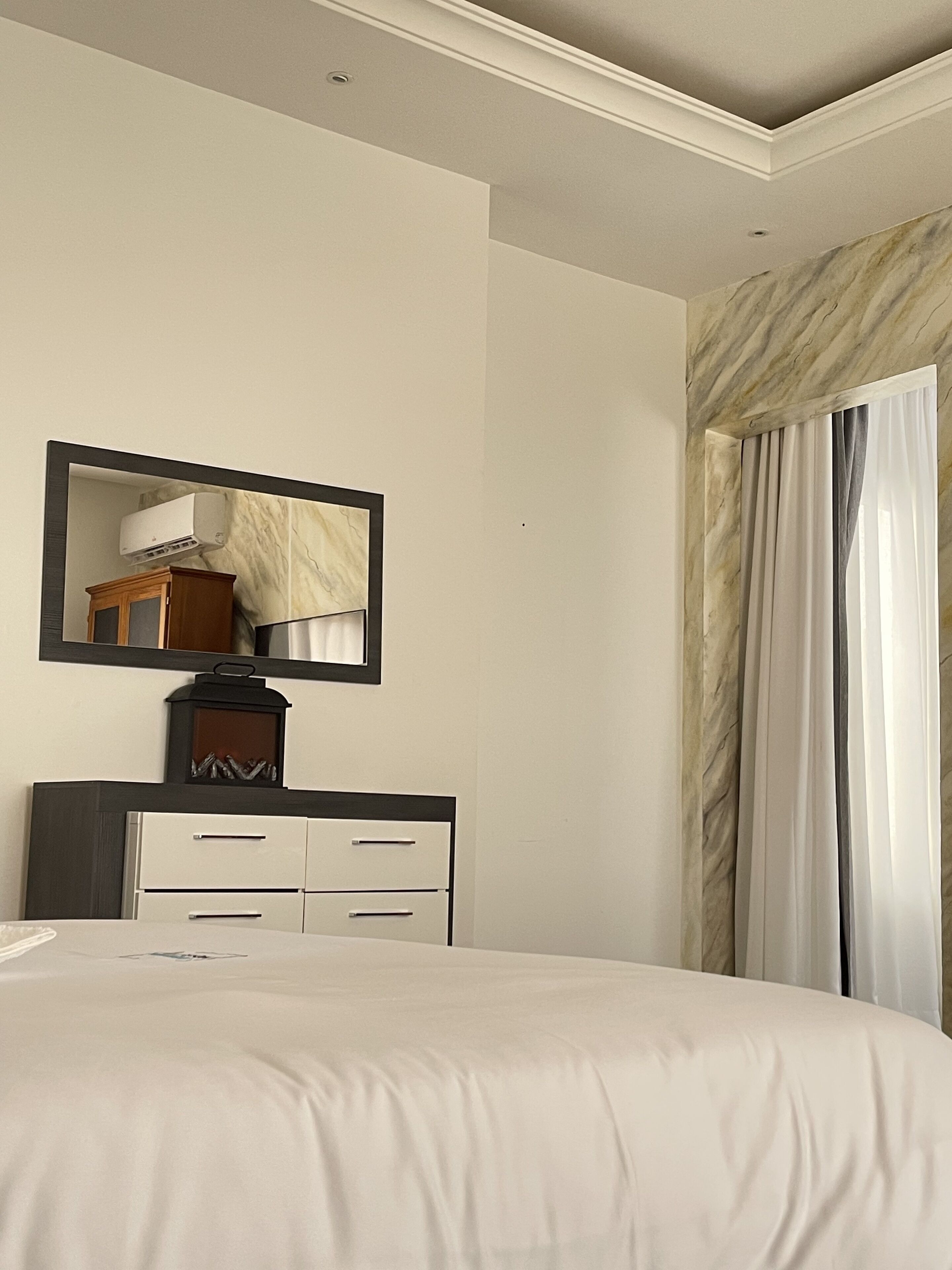 Desk, laptop workspace, free WiFi, bed sheets