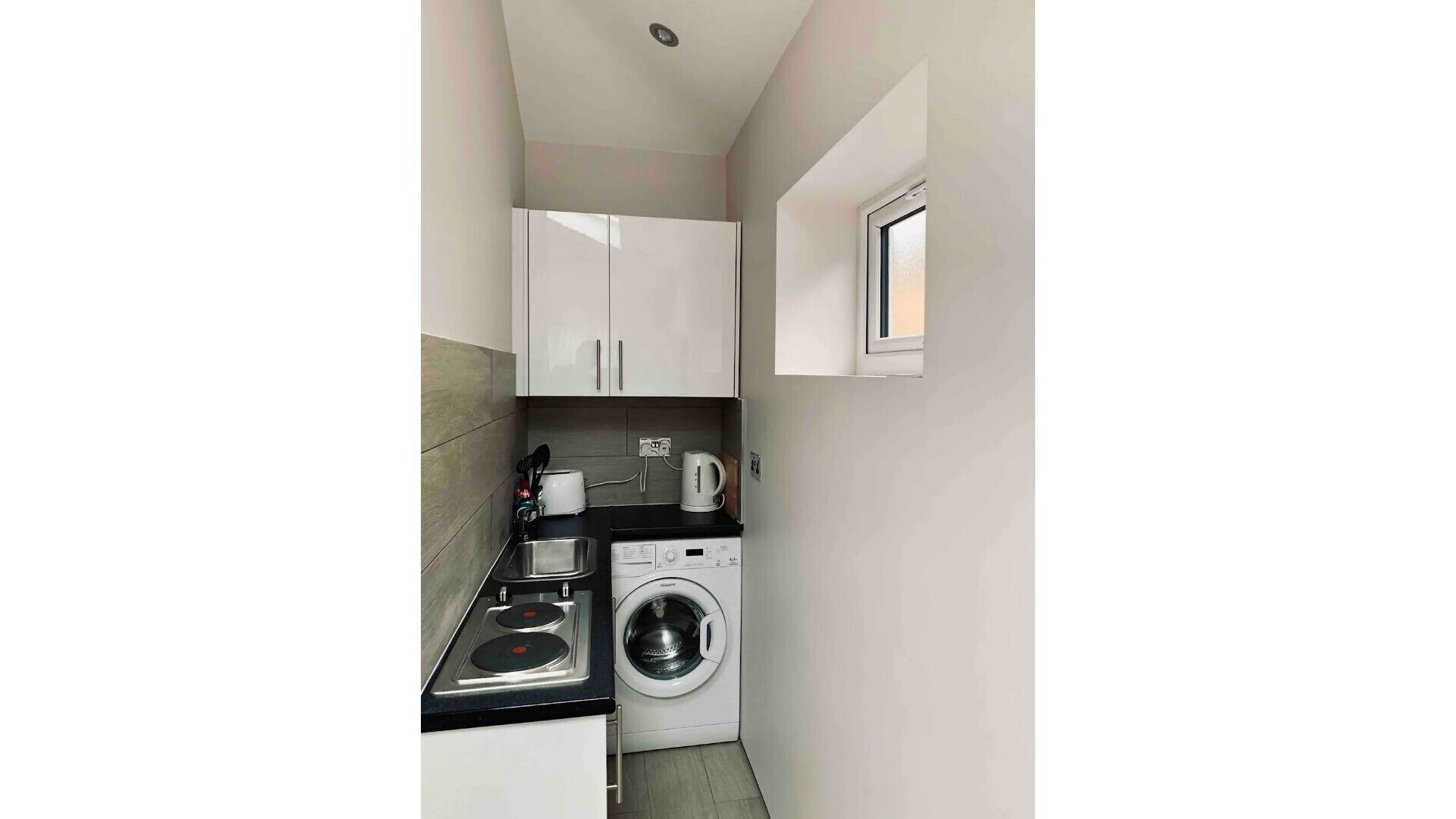 Fridge, microwave, electric kettle, toaster