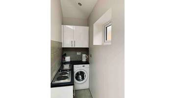 Fridge, microwave, electric kettle, toaster
