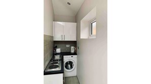 Fridge, microwave, electric kettle, toaster