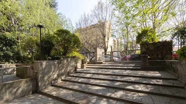 Un escalier en pierre menant à un bâtiment, entouré d’arbres et de verdure.