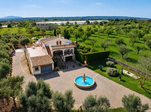 A large house with a courtyard, a fountain, and surrounding greenery.