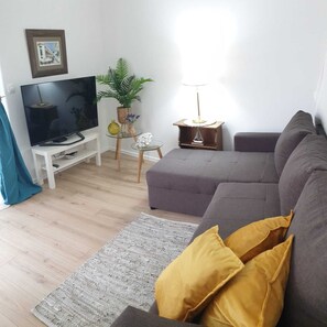 Un salon avec un canapé gris, un téléviseur, une petite table avec une lampe, une plante en pot et un tableau encadré au mur.