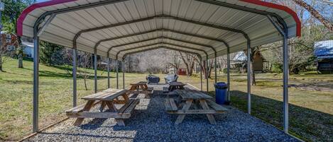 A covered picnic area with benches and picnic tables, surrounded by gravel and trees.
