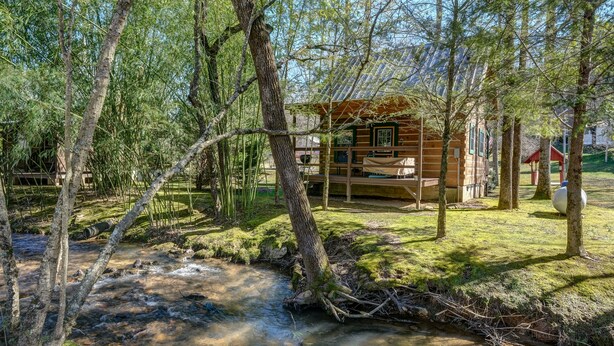 Una cabaña rodeada de árboles y un arroyo.