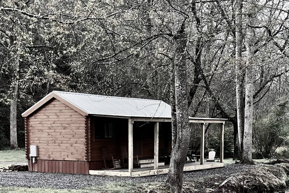 A cabin with a porch and a covered area, surrounded by trees and a stream.