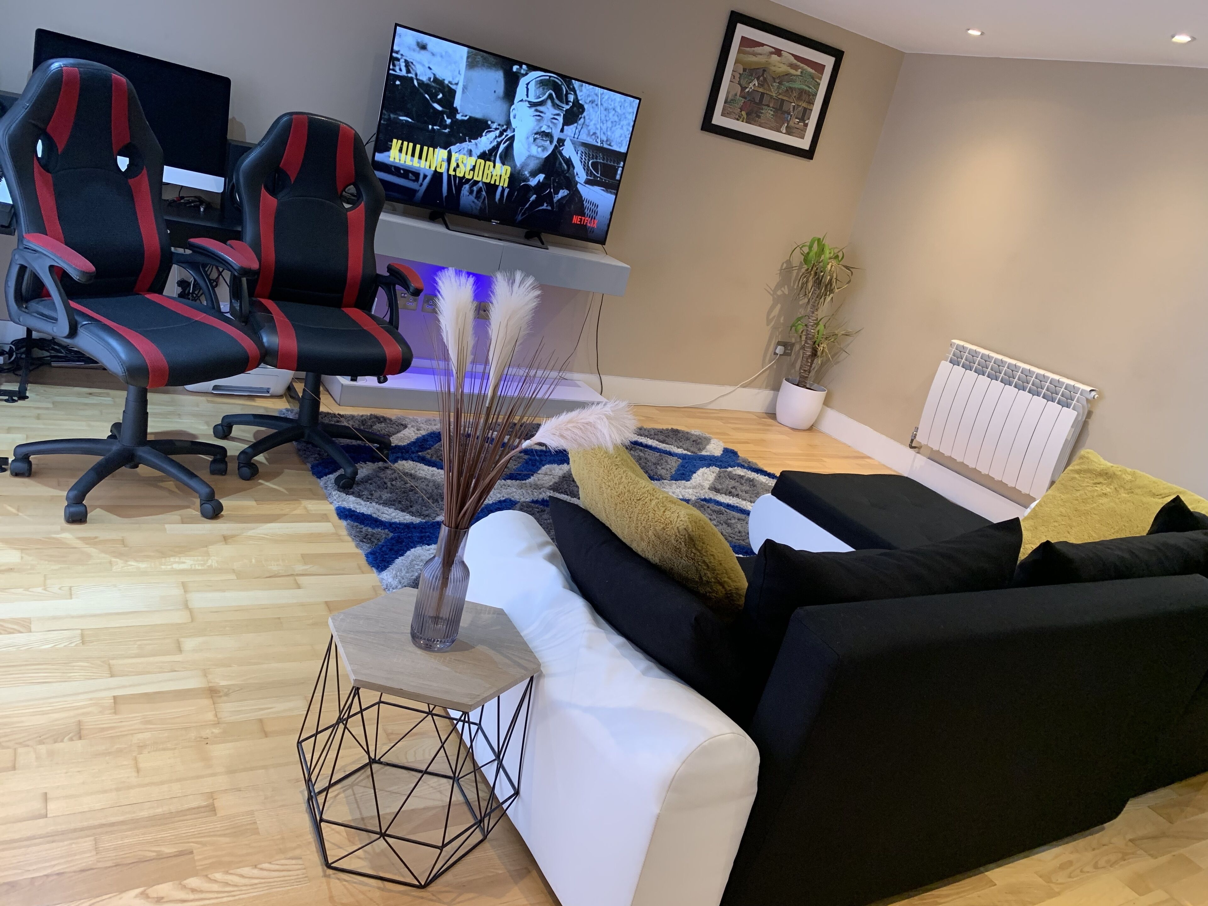 Un salon moderne doté d’un grand téléviseur à écran plat, de fauteuils de jeu, d’une table d’appoint aux motifs géométriques, d’un canapé et d’une plante en pot.